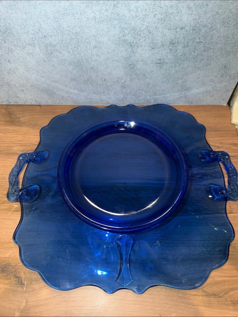 Cobalt Blue Glass Serving Platter with Decorative Handles